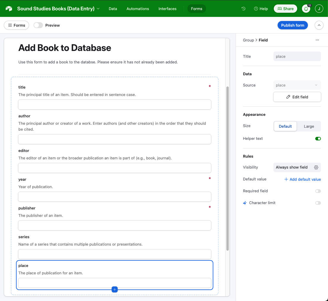 Airtable form builder, displaying options for field appearance and rules