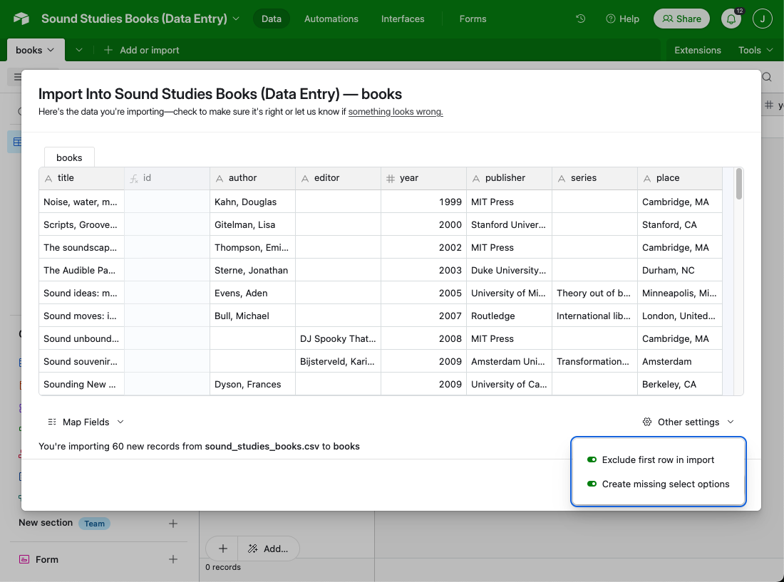 Airtable CSV import wizard with option selected to "Exclude first row in import"