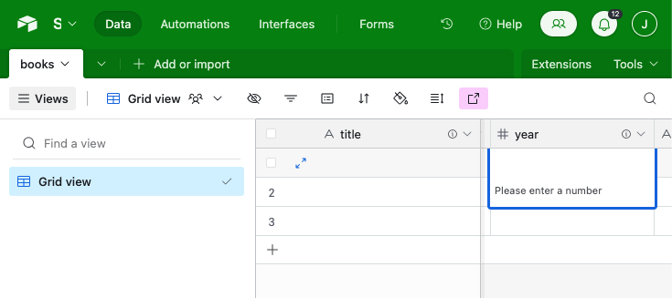 message reaing "Please enter a number" displaying under a cell of an Airtable base