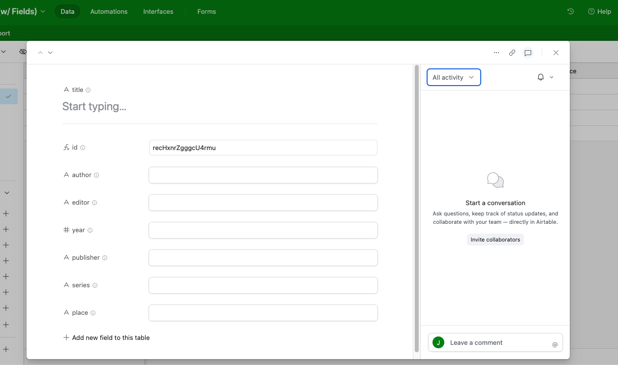 expanded record view of blank record